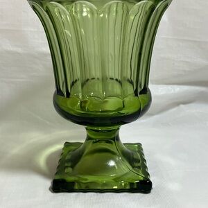 Vtg Avocado Green Indiana Glass Pedestal Compote Square Base Fluted Scallop Edge